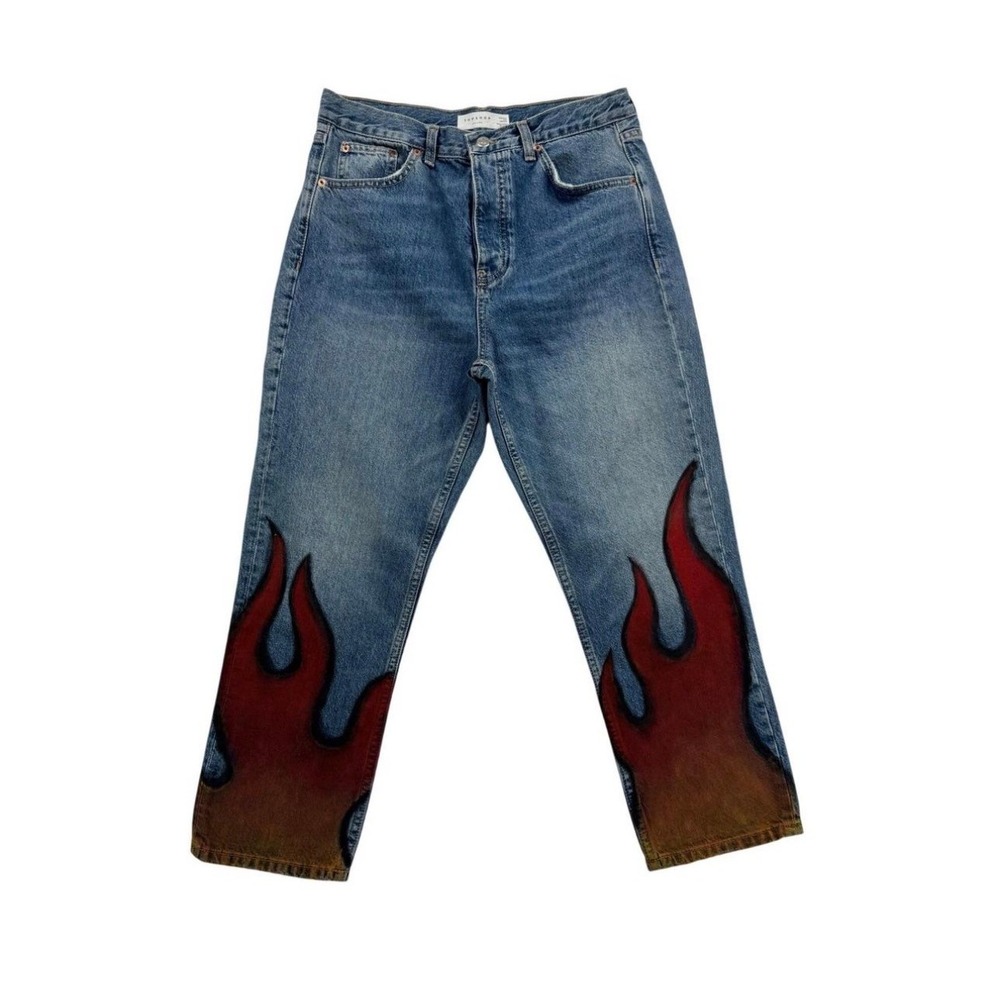 Topshop Editor Jeans Womens 30 Blue Excellent Custom Painted Flame Straight Leg